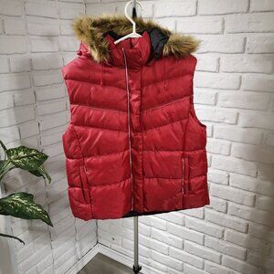 MJR Active Ladies Size XL Faux Fur Trimmed Red Hooded Puffy Vest
